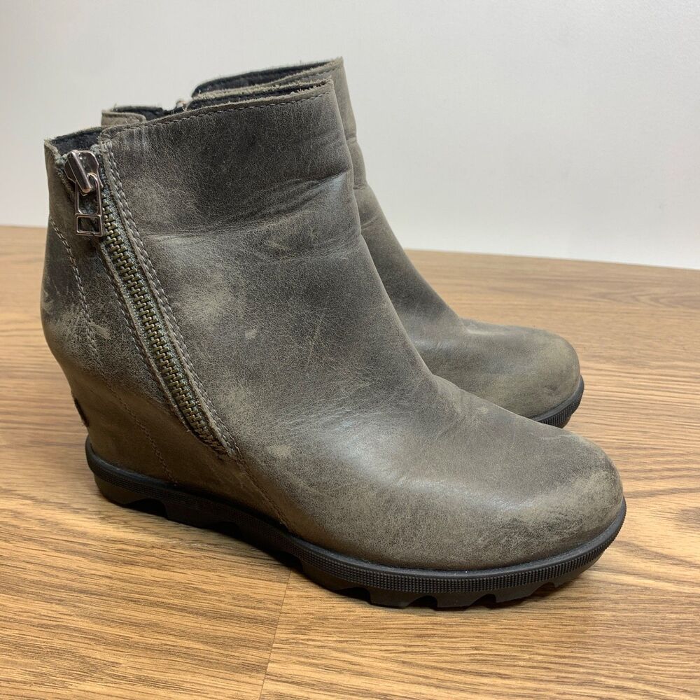 SOREL Joan Of Arctic Wedge II‎ Quarry Gray Leather Waterproof Zip Booties Size 7